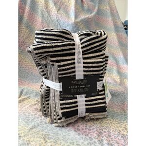 Rachel Zoe 6-Piece Luxury Cotton Towel Set – Black & Cream Stripes – NWT